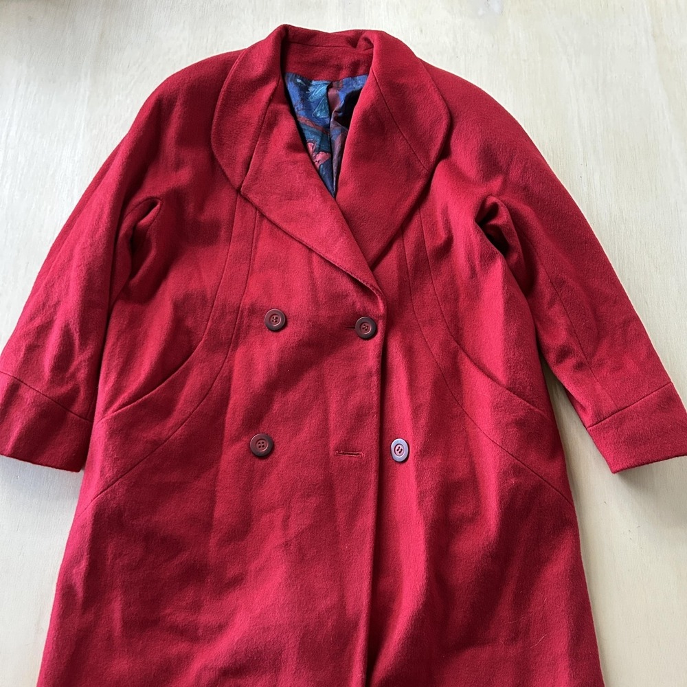 Vintage 70s Wool Coat Womens Medium Red Double Breasted Union Made Line Overcoat